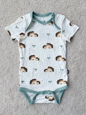 Kyte BABY White One-Piece Bodysuit with Hedgehog Print and Sage Trim